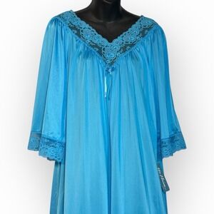 NWT Miss Elaine Nightgown VTG Sm Aqua Blue Dreamy Romantic 3/4 Sleeve Lace Trad